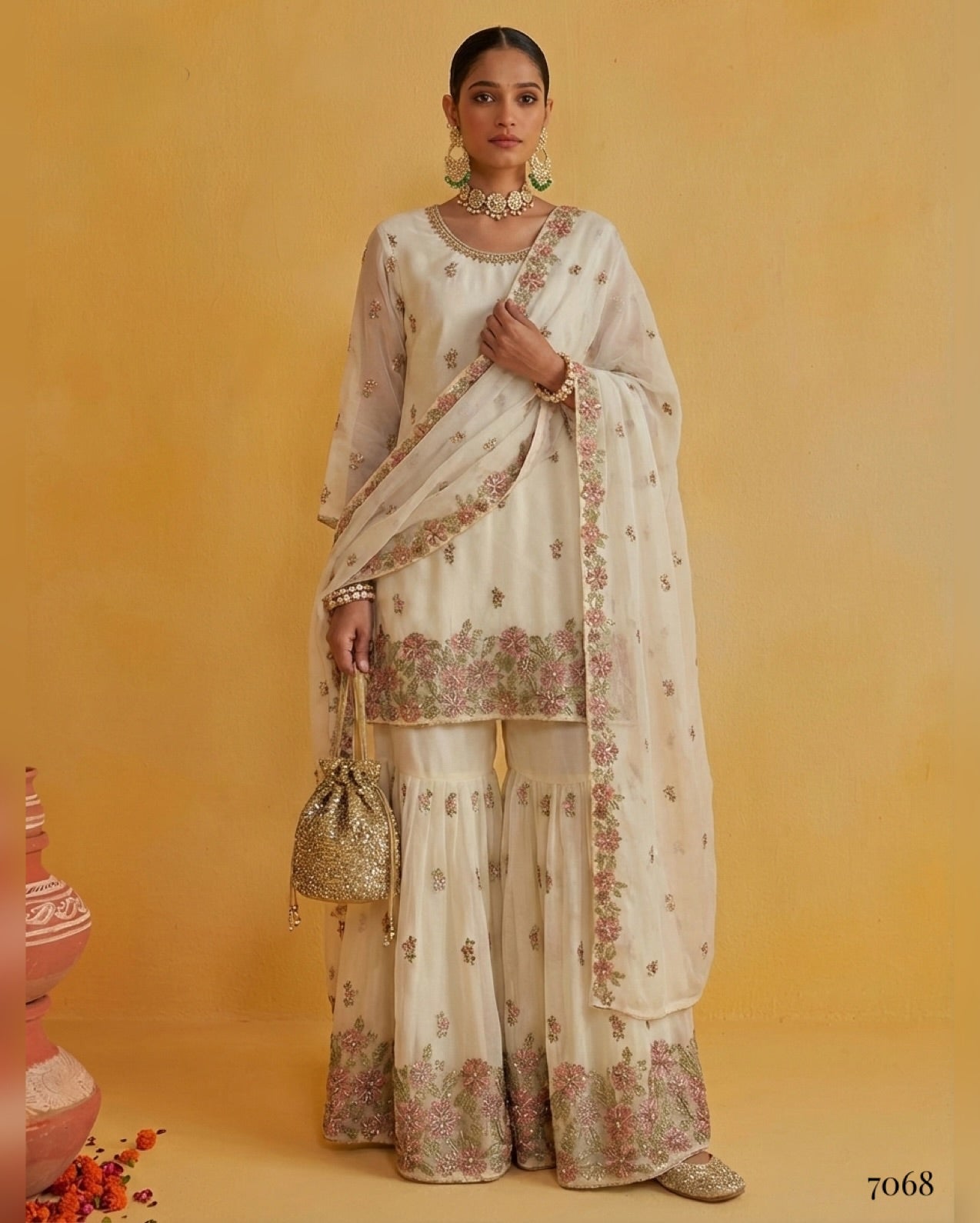 Woman in traditional outfit with floral patterns on a yellow background