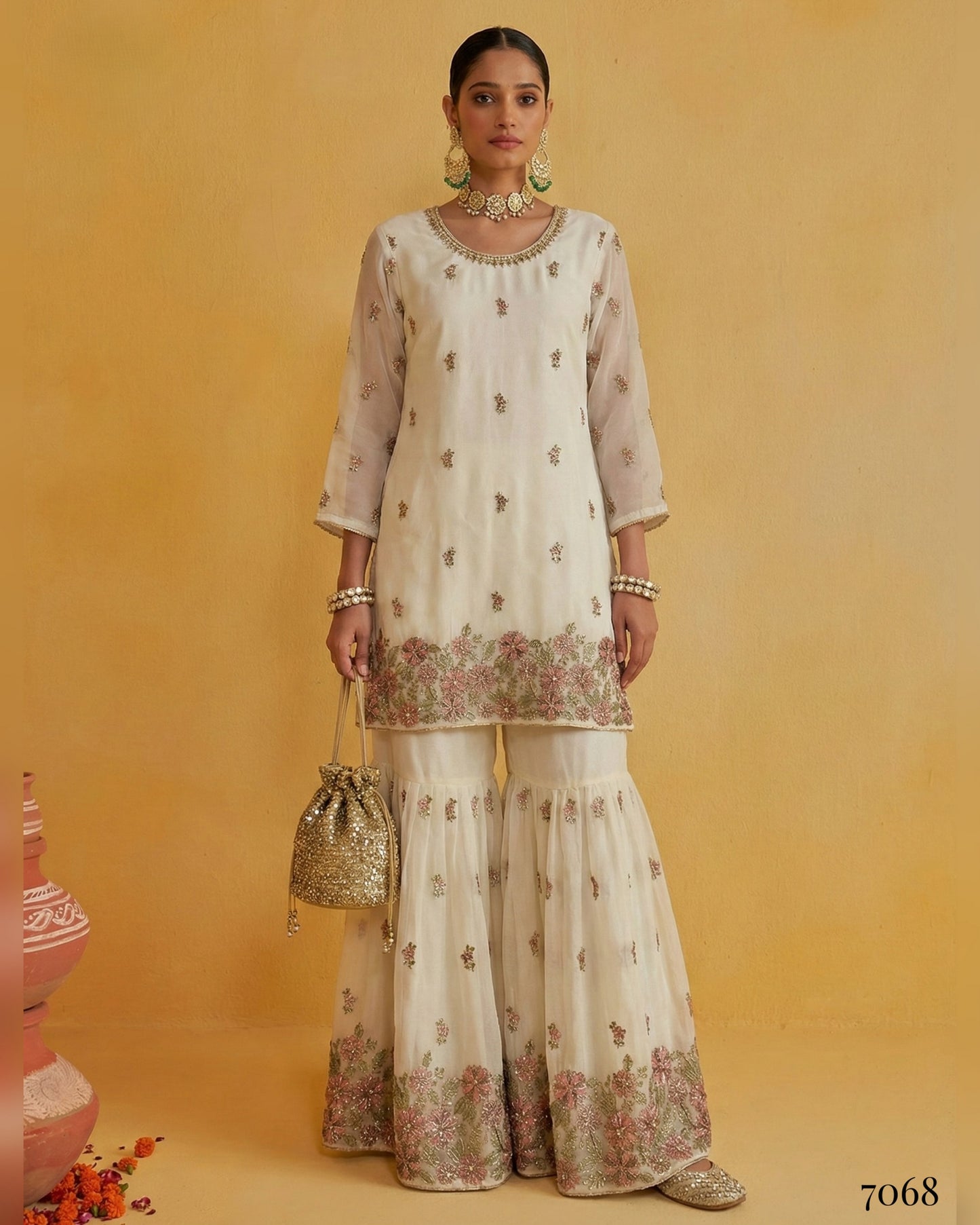 Woman wearing a traditional outfit with floral patterns on an orange background