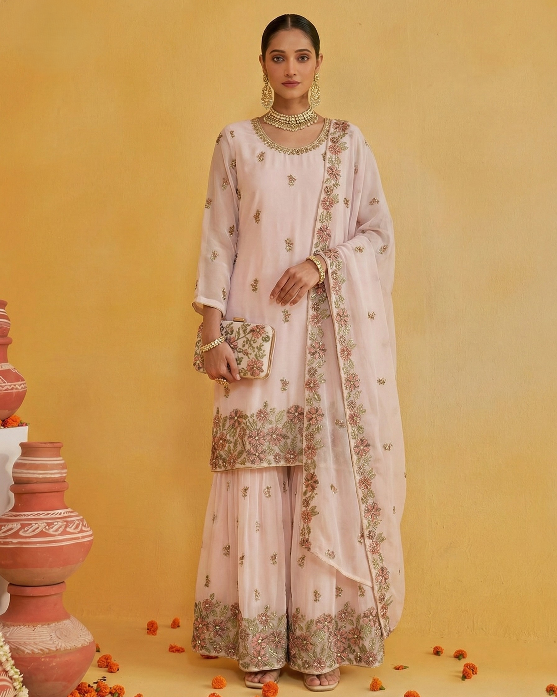 Woman in a traditional outfit with floral patterns against a yellow background