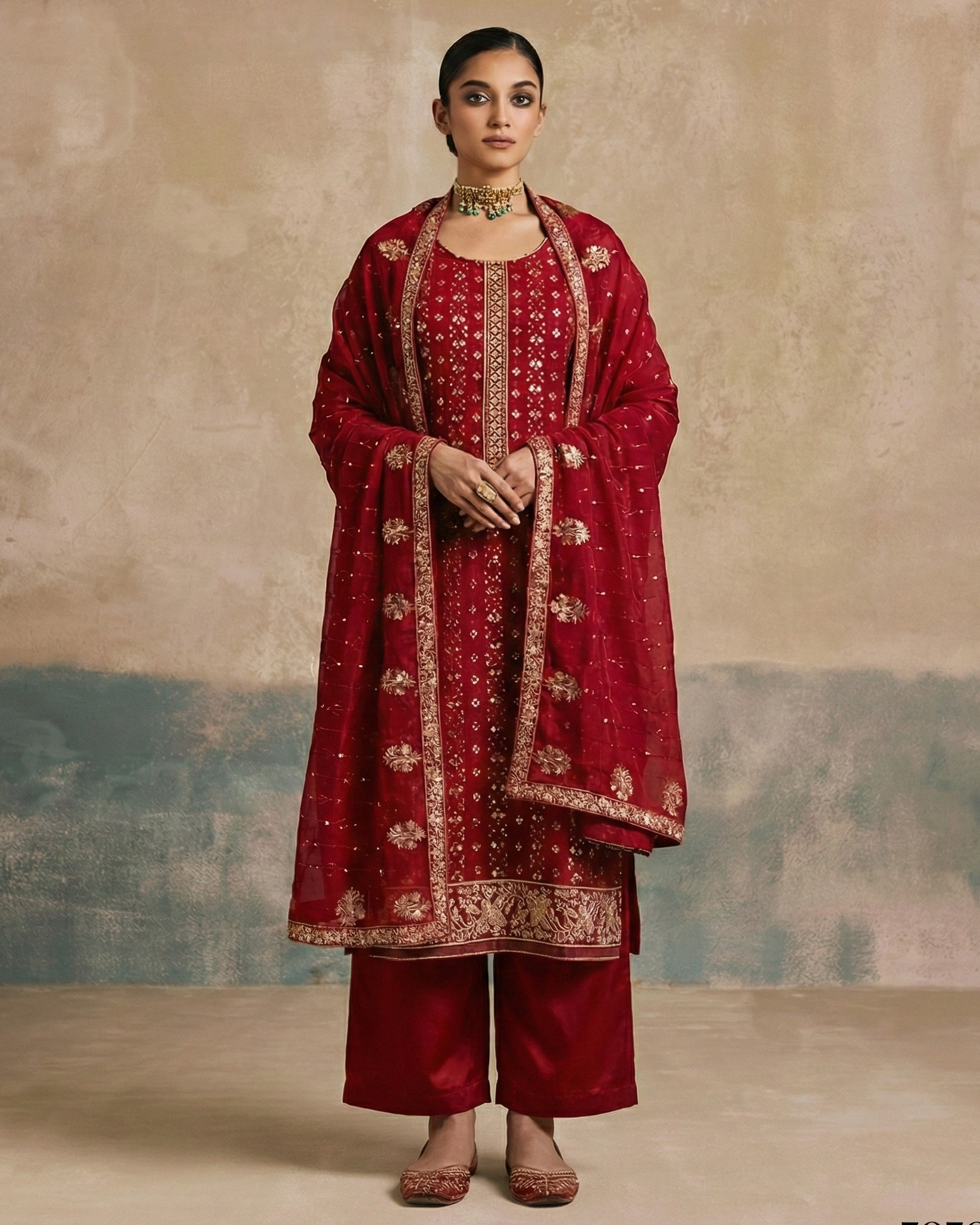 Woman wearing a red traditional outfit with gold embroidery against a textured beige wall.