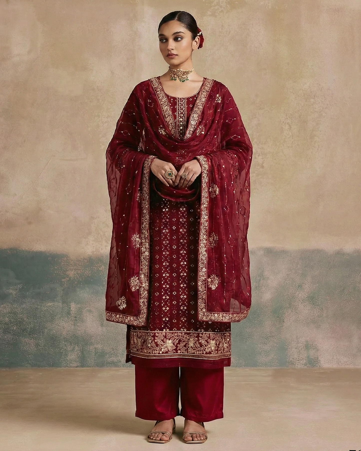 Woman wearing a maroon embroidered traditional outfit against a textured beige wall.