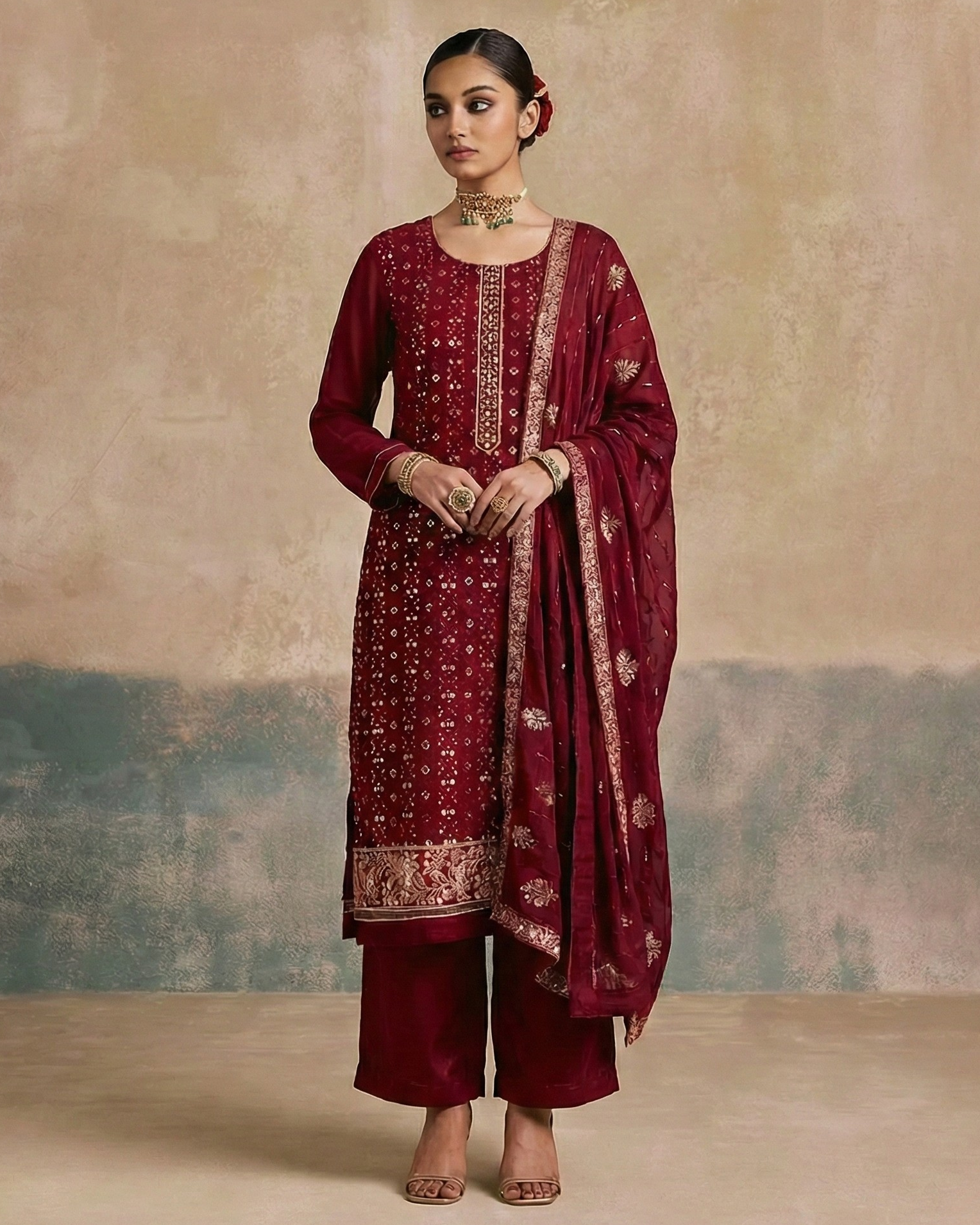 Woman wearing a traditional maroon outfit with intricate patterns against a textured beige wall.