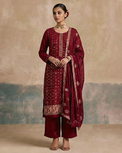 Woman wearing a traditional maroon outfit with intricate patterns against a textured beige wall.