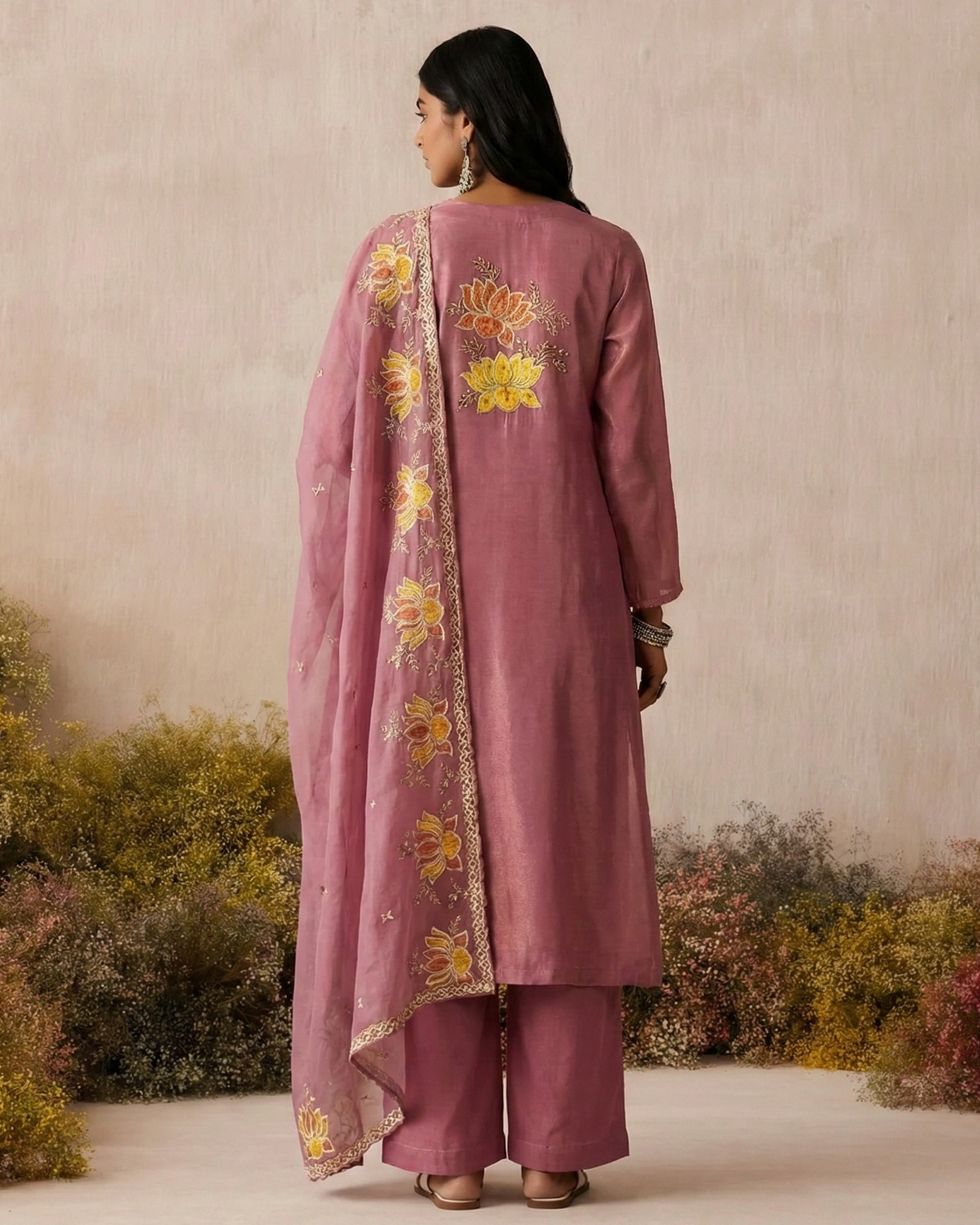 Woman wearing a pink traditional outfit with floral embroidery against a natural background
