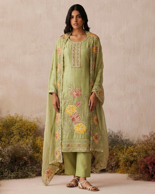 Woman wearing a light green embroidered outfit with a neutral background