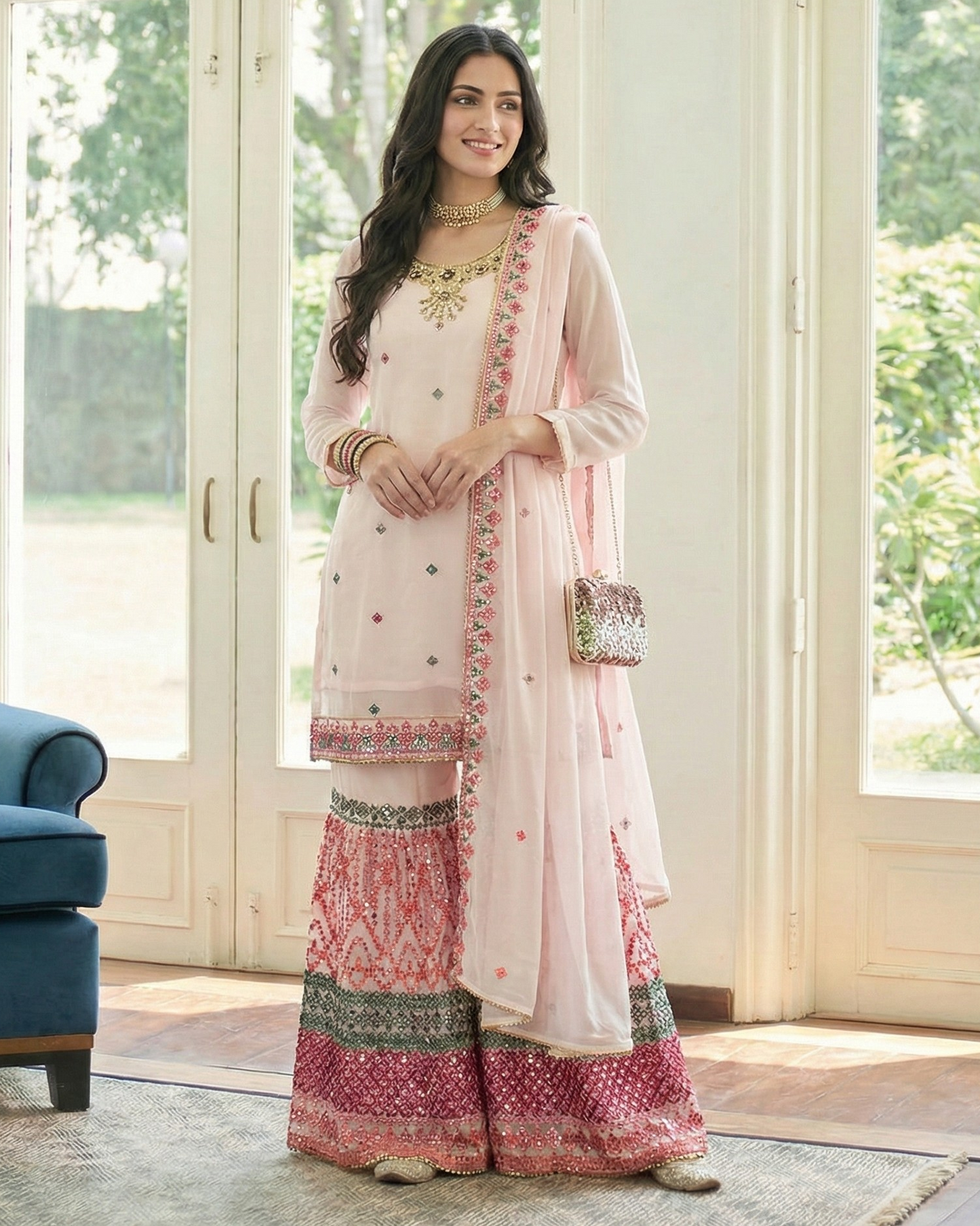 Woman in a traditional pink and white outfit with embroidery standing in a room with large windows.