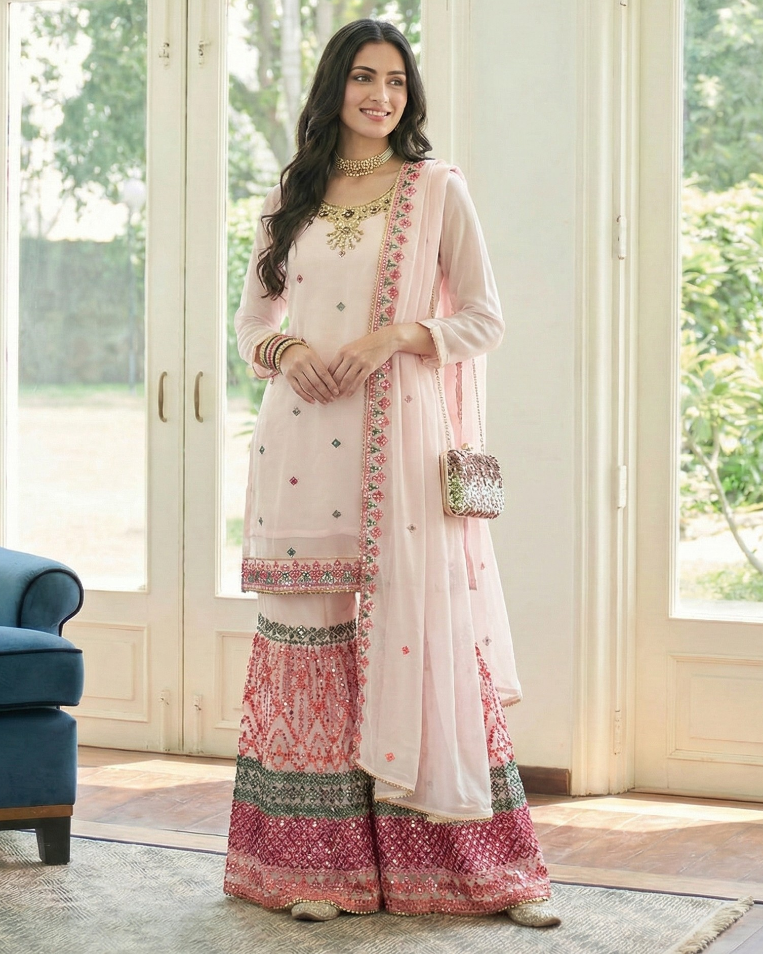 Woman in a traditional pink and white outfit with embroidery standing in a room with large windows.