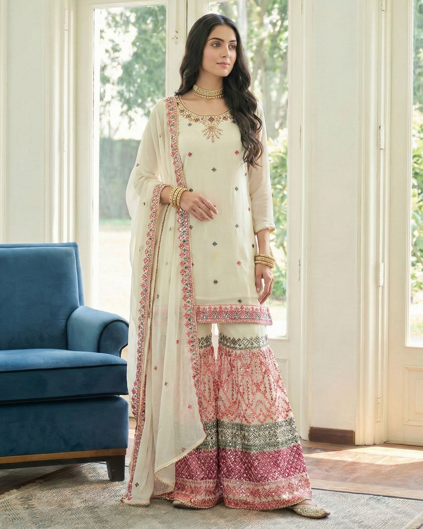 Woman in a traditional outfit standing in a room with a blue chair and large windows.