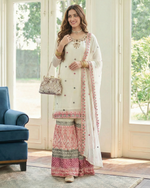 Off-White Georgette Sharara Suit With Kameez & Dupatta For Indian & Pakistani Wedding Festival - Multi Thread & Sequence embroidery Work