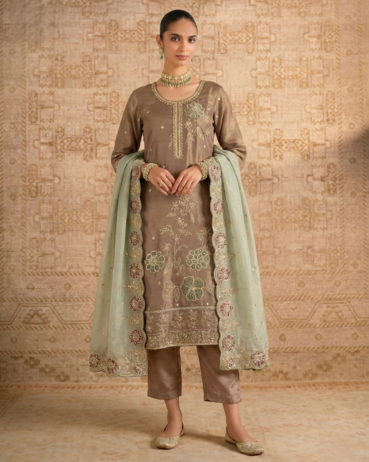 Woman wearing a traditional outfit with embroidery against a patterned wall.