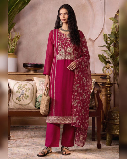 Pink Organza Salwar Suit With Kameez & Dupatta For Indian & Pakistani Wedding Festival - Mirror & Moti With Thread & Sequins embroidery Work