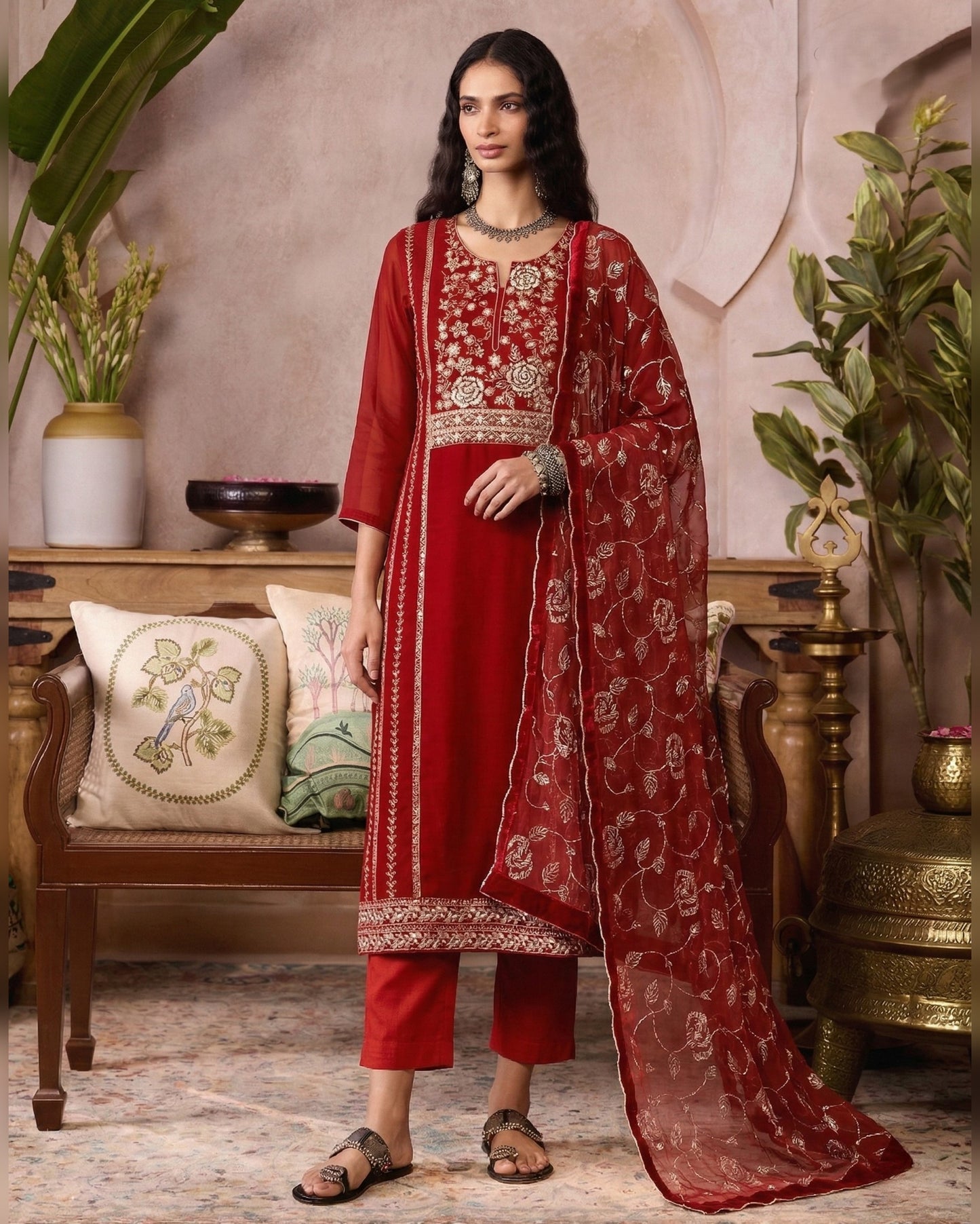 Red Organza Salwar Suit With Kameez & Dupatta For Indian & Pakistani Wedding Festival - Mirror & Moti With Thread & Sequins embroidery Work