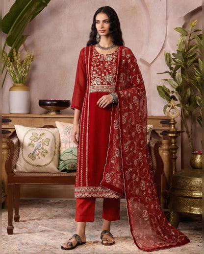 Red Organza Salwar Suit With Kameez & Dupatta For Indian & Pakistani Wedding Festival - Mirror & Moti With Thread & Sequins embroidery Work