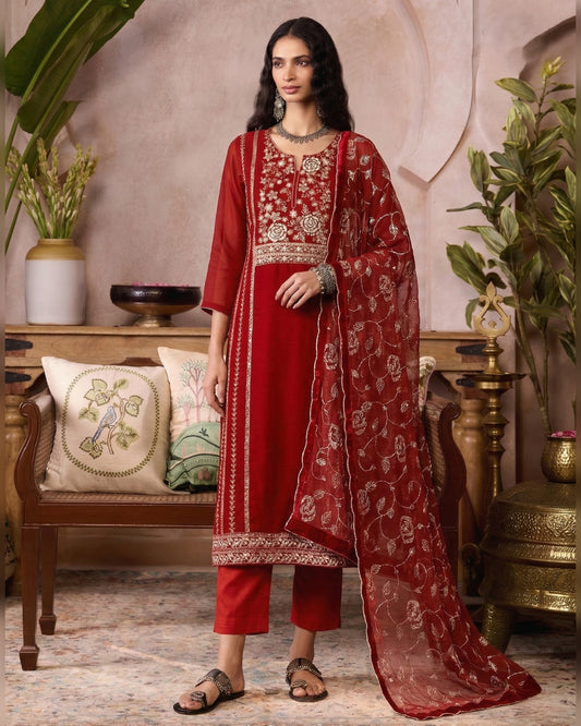 Red Organza Salwar Suit With Kameez & Dupatta For Indian & Pakistani Wedding Festival - Mirror & Moti With Thread & Sequins embroidery Work