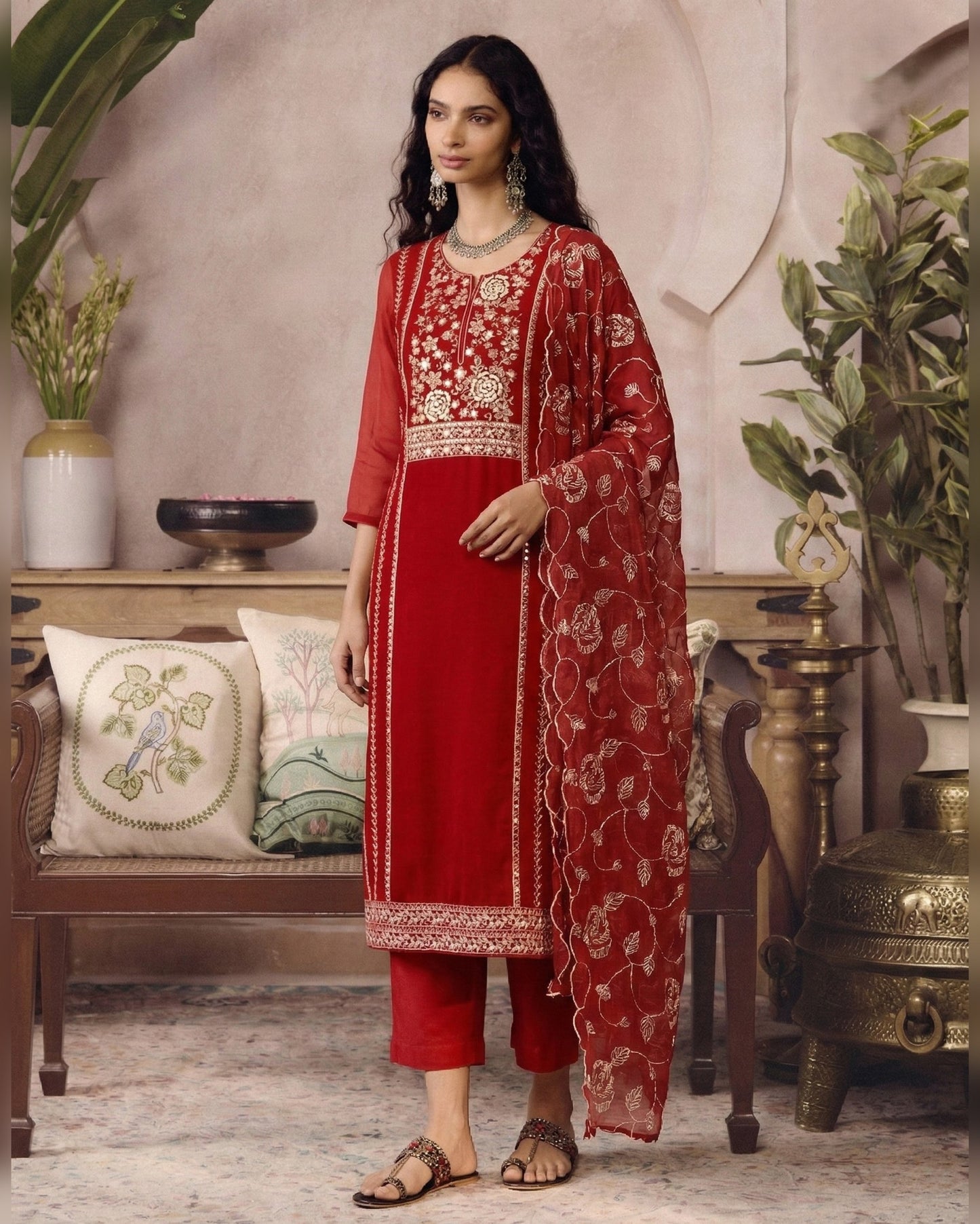 Red Organza Salwar Suit With Kameez & Dupatta For Indian & Pakistani Wedding Festival - Mirror & Moti With Thread & Sequins embroidery Work