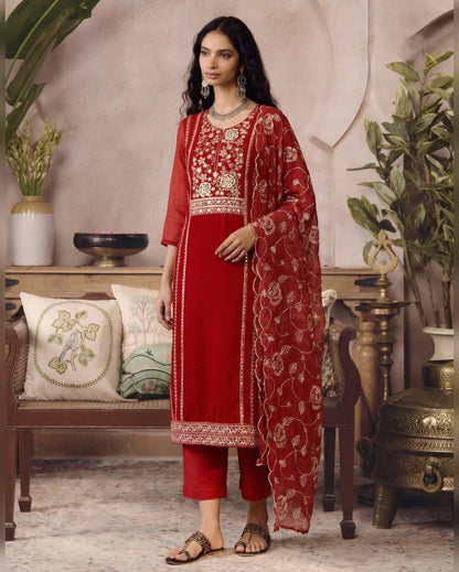 Red Organza Salwar Suit With Kameez & Dupatta For Indian & Pakistani Wedding Festival - Mirror & Moti With Thread & Sequins embroidery Work