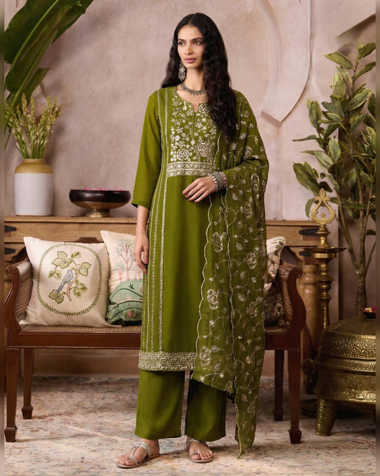 Green Organza Salwar Suit With Kameez & Dupatta For Indian & Pakistani Wedding Festival - Mirror & Moti With Thread & Sequins embroidery Work