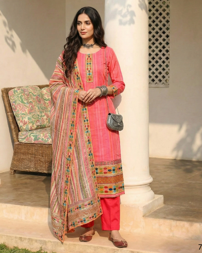 Woman in a pink traditional outfit standing outdoors near a columned building.