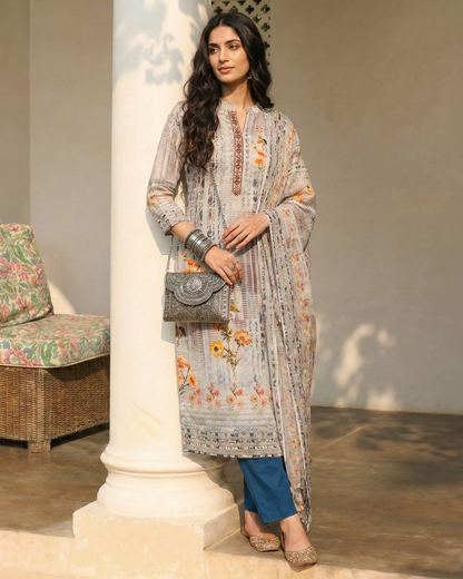 Woman in a floral dress standing next to a decorative column indoors.