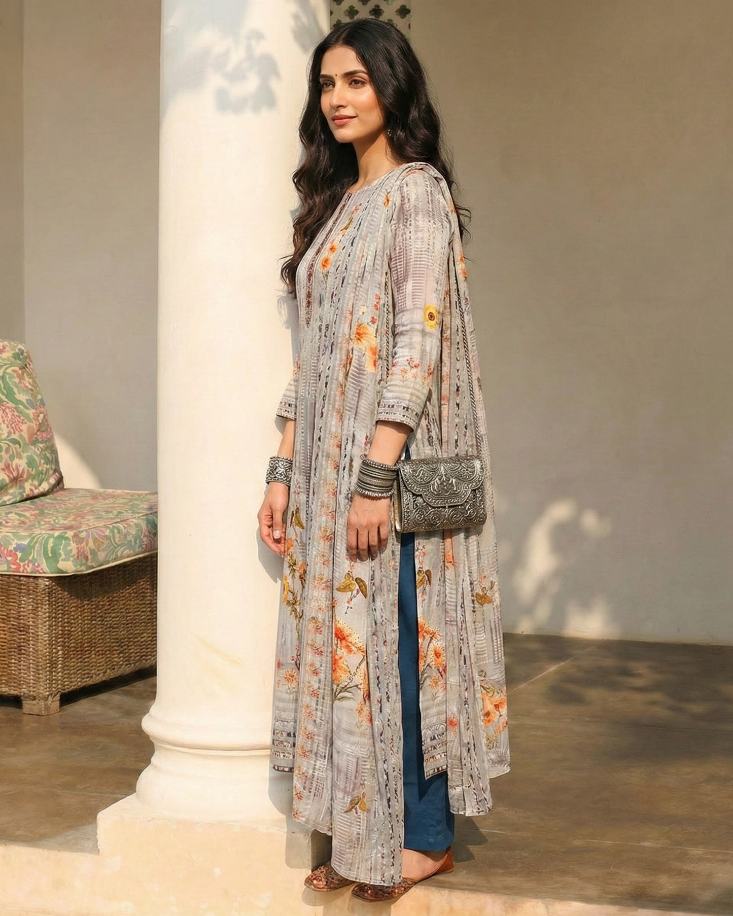Woman wearing a floral dress with a long jacket in an outdoor setting.