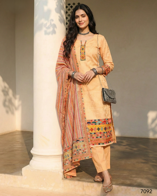 Woman wearing a peach traditional outfit with a patterned dupatta, standing against a neutral background.