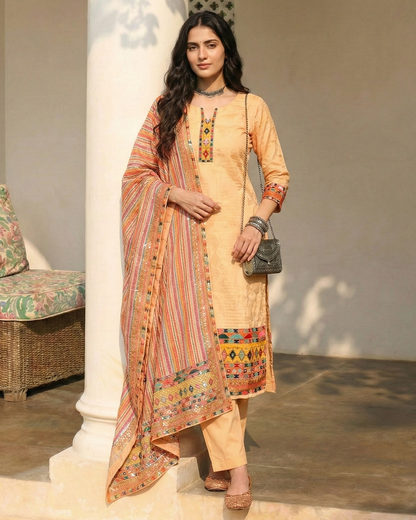 Woman wearing a traditional outfit with a colorful dupatta in an outdoor setting.