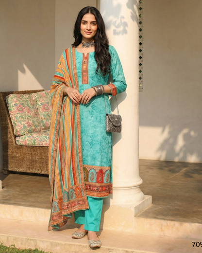 Woman in a turquoise traditional outfit with a patterned dupatta standing outdoors.