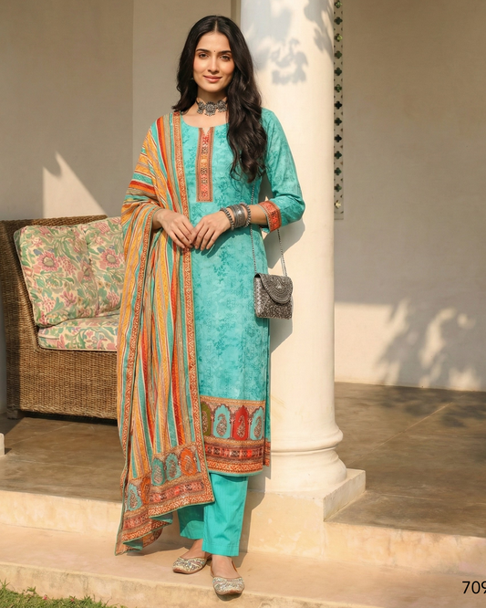 Woman in a turquoise traditional outfit with a patterned dupatta standing outdoors.