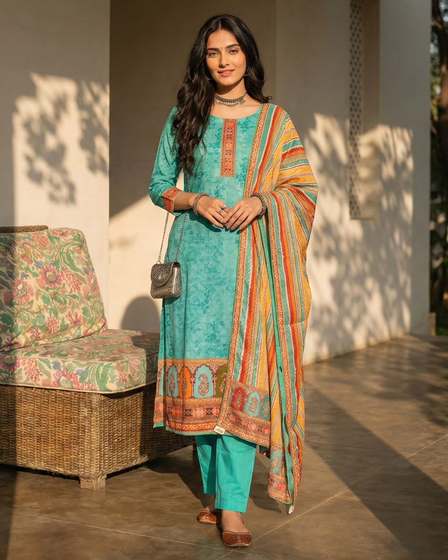 Woman in a teal outfit with a colorful shawl standing outdoors.