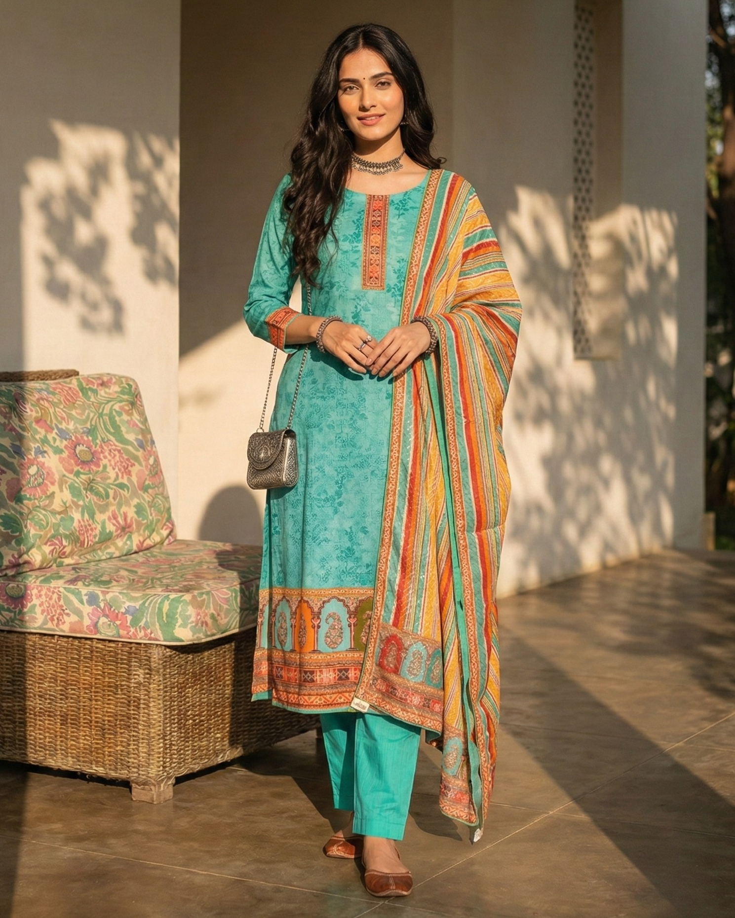 Woman in a teal outfit with a colorful shawl standing outdoors.
