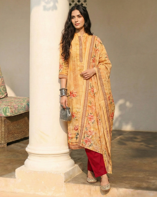 Woman in a traditional outfit standing next to a columned building.
