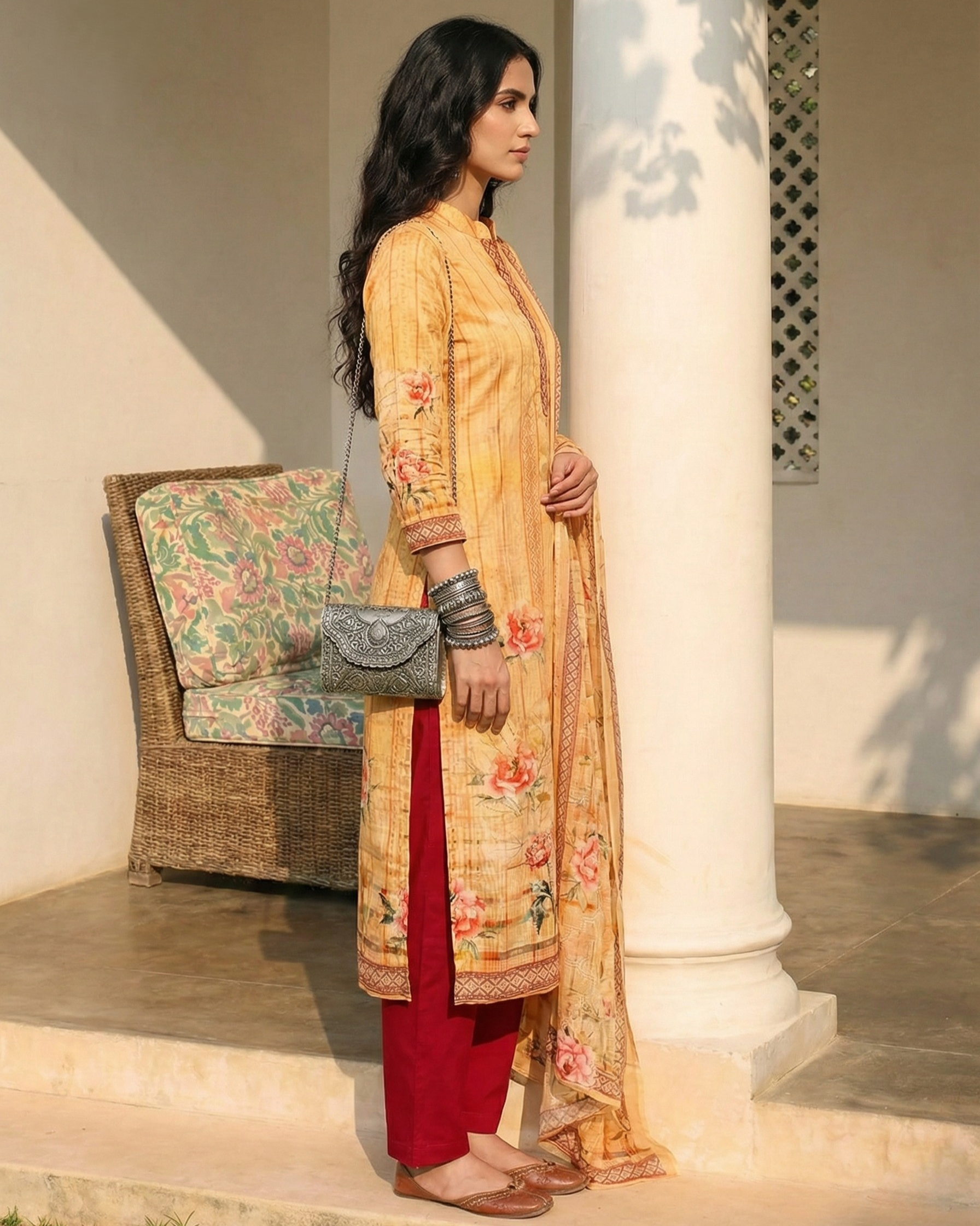 Woman in a yellow floral dress with red pants standing outdoors near a white column.