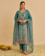 Teal Shimmer Salwar Suit With Kameez & Dupatta For Indian & Pakistani Wedding Festival - Dori With Thread Embroidery Work