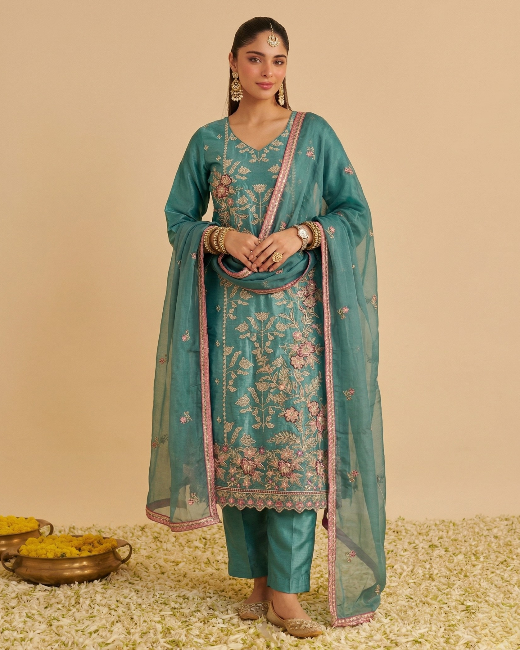 Woman wearing a teal embroidered outfit with a dupatta on a beige background