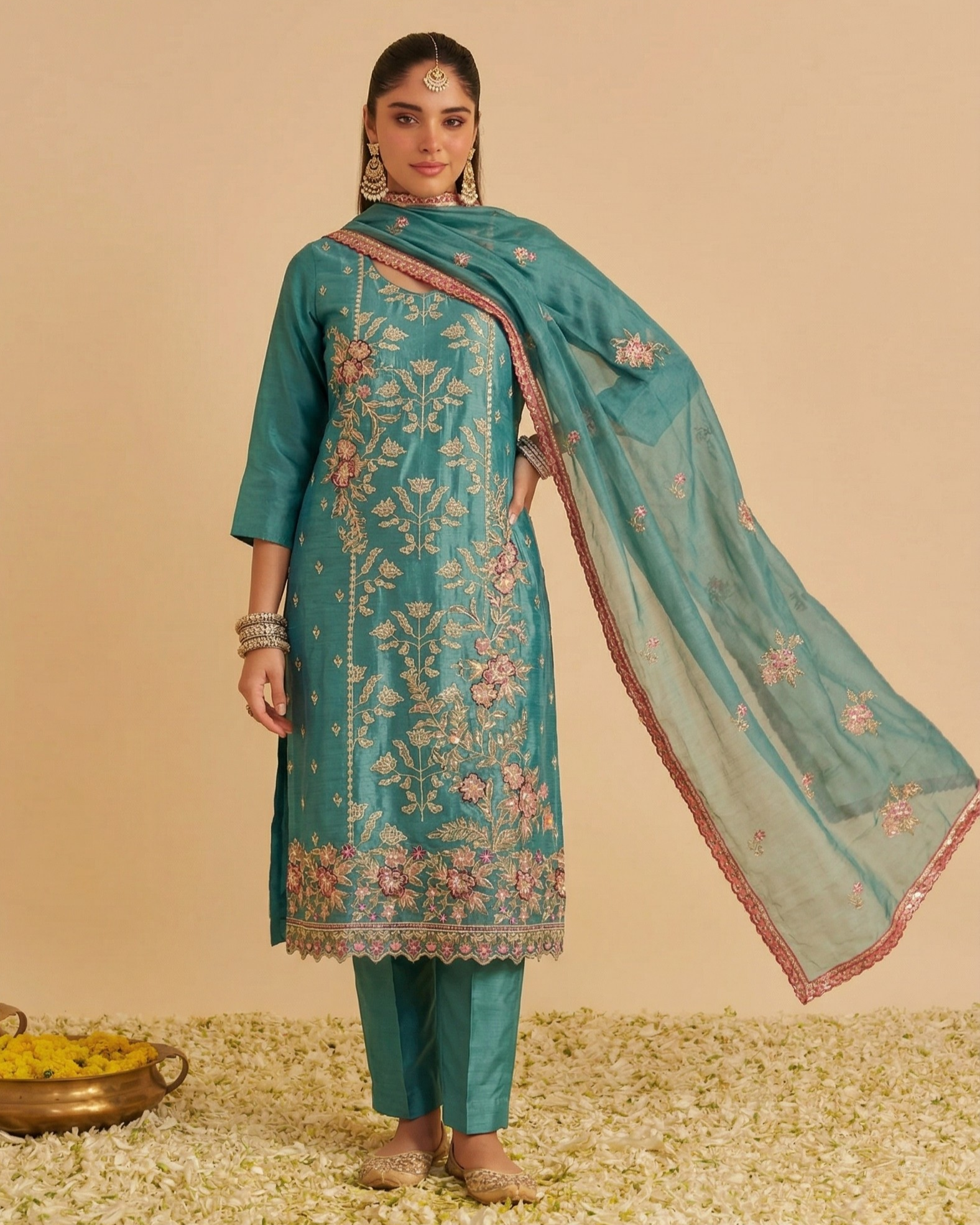 Woman wearing a teal embroidered outfit with a matching dupatta on a beige background