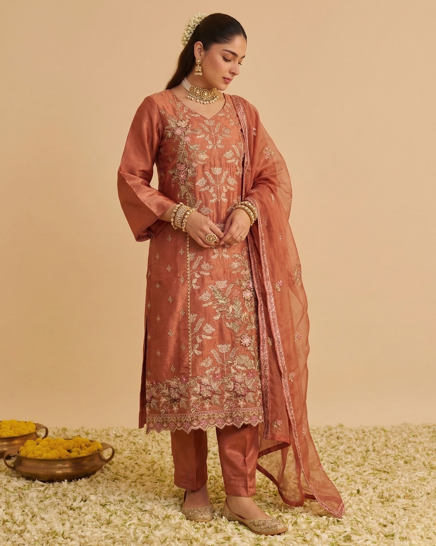 Woman in traditional pink embroidered outfit with dupatta on a beige background