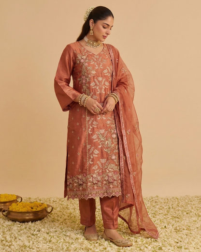 Woman in traditional pink embroidered outfit with dupatta on a beige background