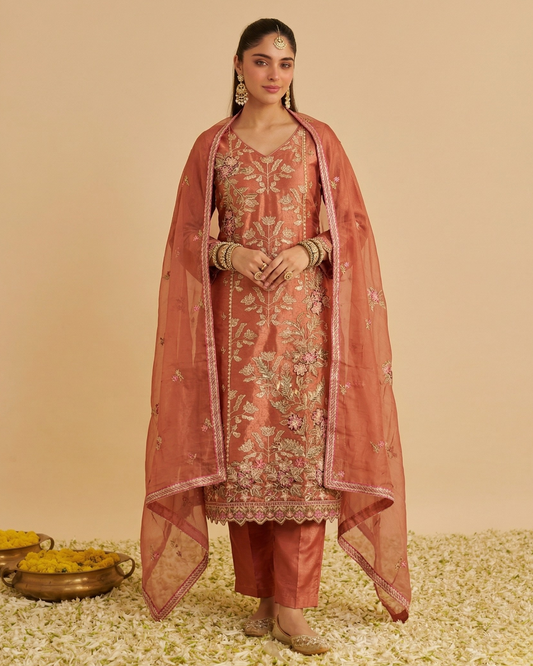 Woman wearing a traditional outfit with a sheer dupatta on a beige background