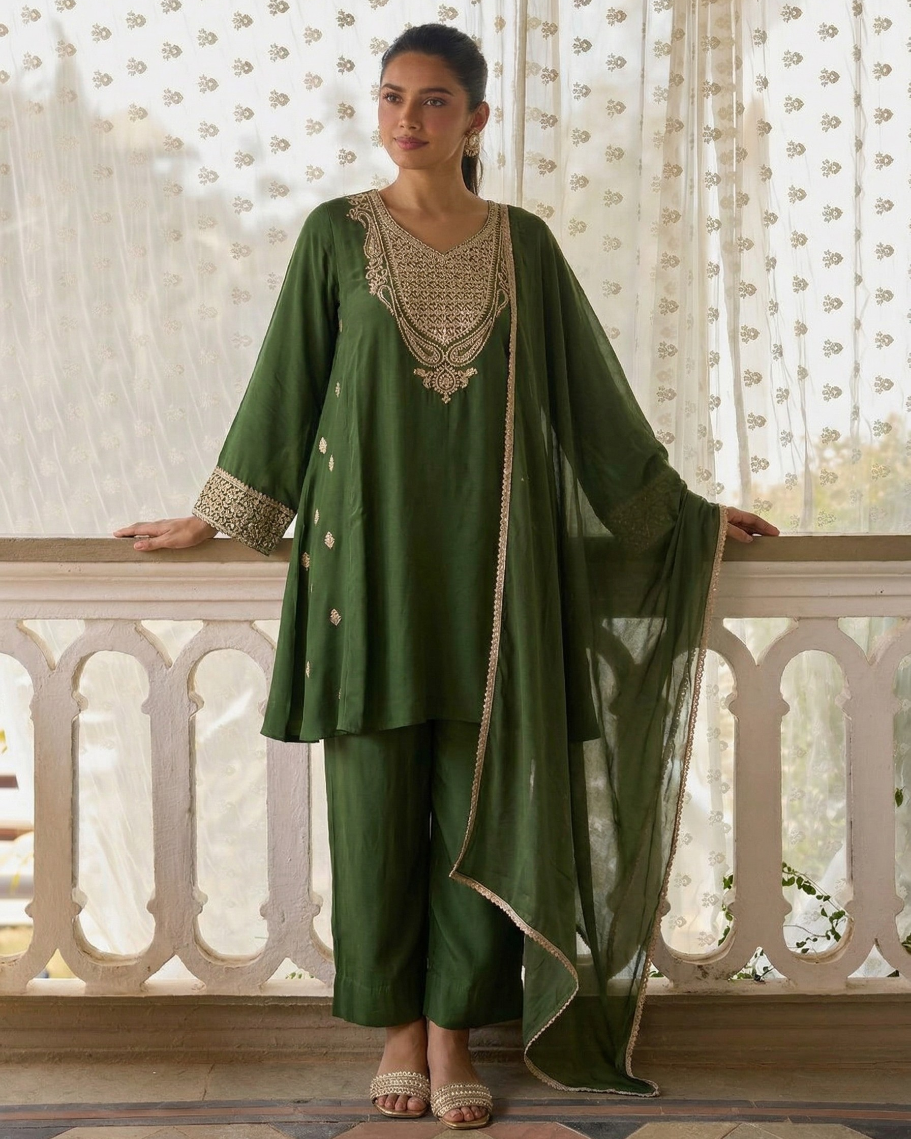 Woman in a green traditional outfit with intricate detailing standing on a balcony.
