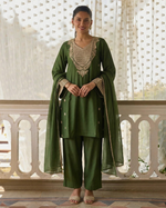 Green Cotton Silk Salwar Suit With Kameez & Dupatta For Indian & Pakistani Wedding Festival - Dori With Thread & Sequence Embroidery Work