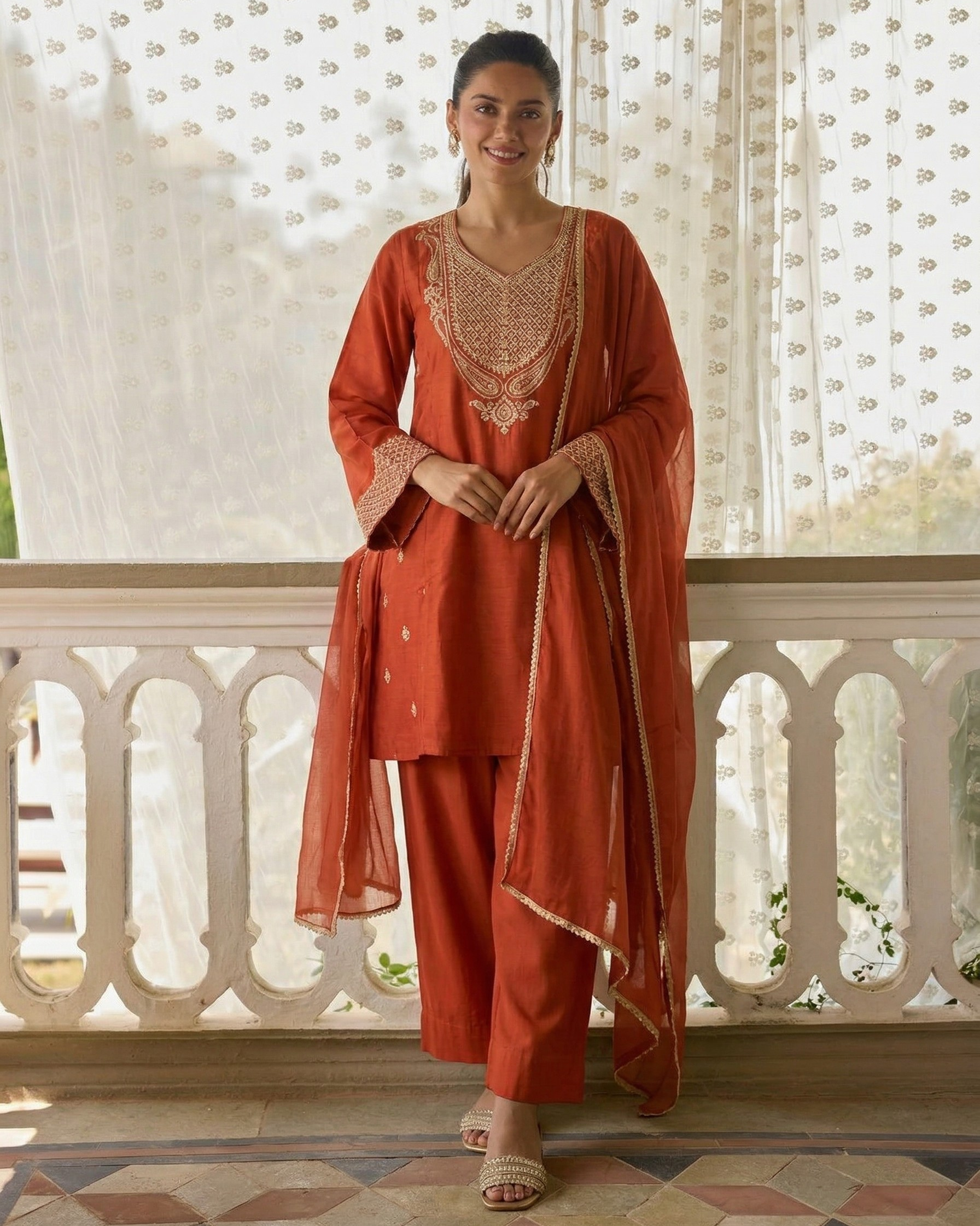 Woman in a traditional red outfit with intricate patterns standing on a balcony.