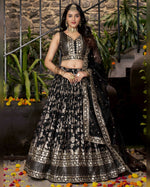 Black jacquard Lehenga Choli With Blouse & Dupatta For Indian & Pakistani Wedding Festival - Thread & Sequins Zari Embroidered Work