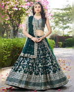 Green jacquard Lehenga Choli With Blouse & Dupatta For Indian & Pakistani Wedding Festival - Thread & Sequins Zari Embroidered Work