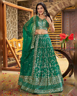 Green jacquard Lehenga Choli With Blouse & Dupatta For Indian & Pakistani Wedding Festival - Thread & Sequins Zari Embroidered Work