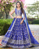 Blue jacquard Lehenga Choli With Blouse & Dupatta For Indian & Pakistani Wedding Festival - Thread & Sequins Zari Embroidered Work