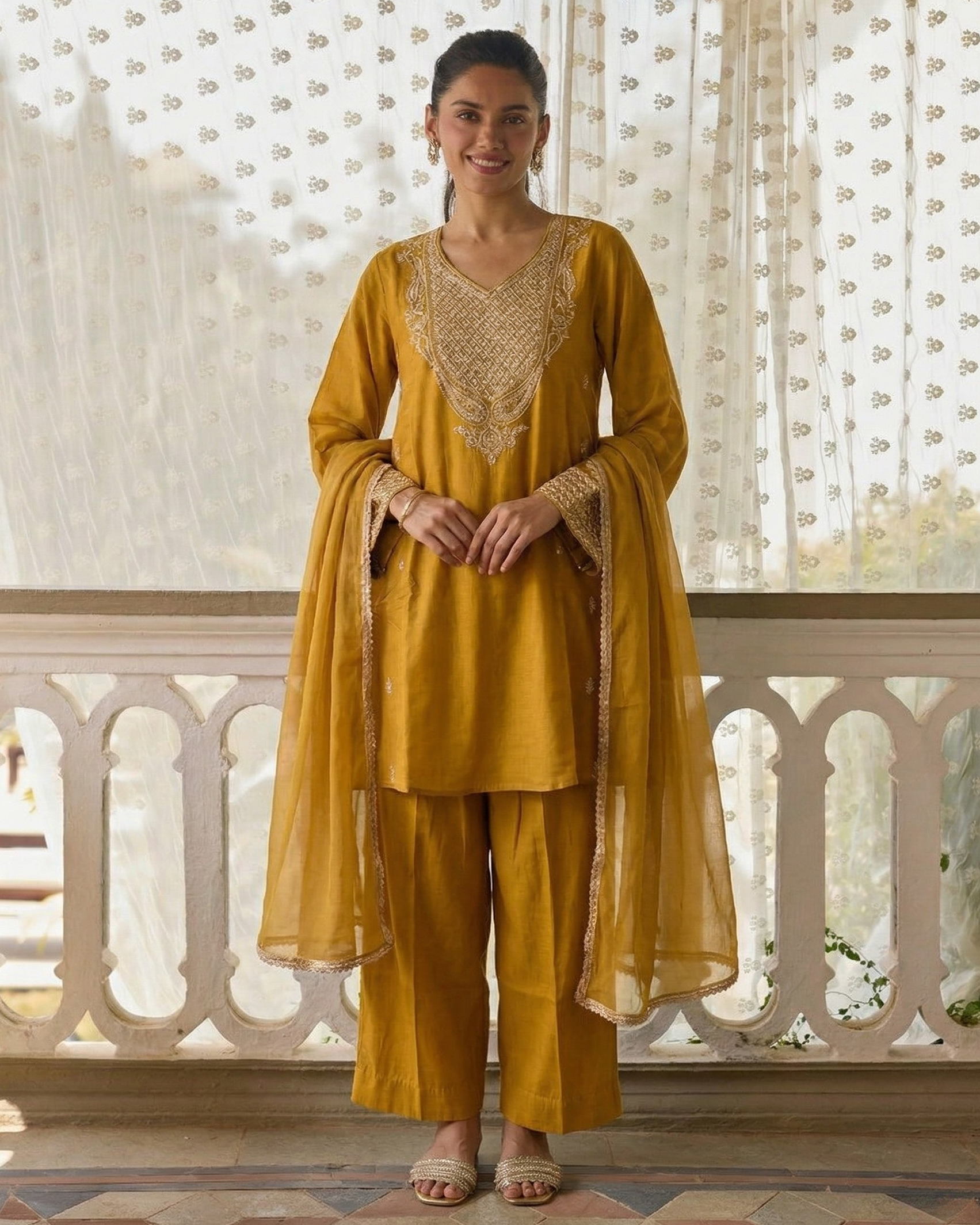 Woman wearing a mustard yellow traditional outfit with intricate detailing in a decorative setting.