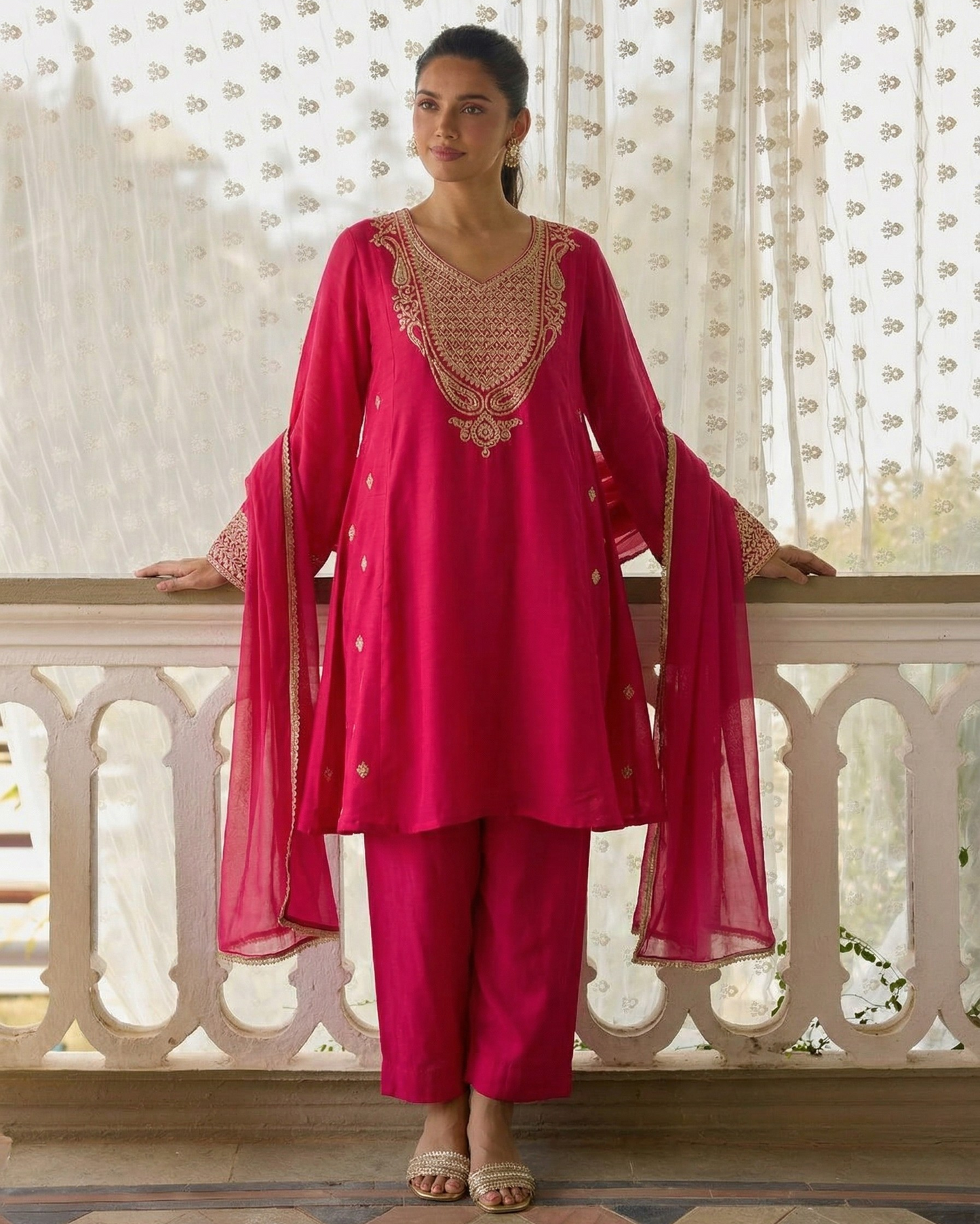 Woman in a bright pink traditional outfit with intricate detailing, standing in a decorative indoor setting.