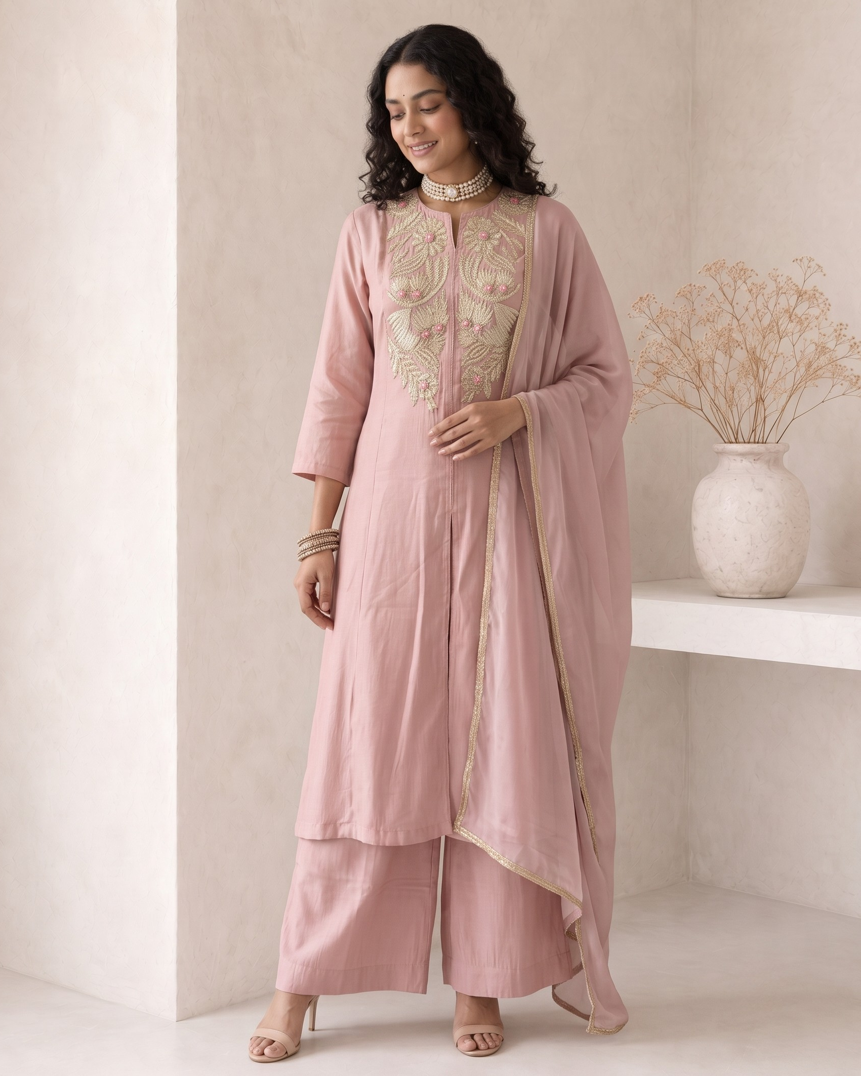 A woman models a dusty pink traditional Indian outfit consisting of a kurta with gold embroidery, matching wide-leg trousers, and a draped dupatta, set against a minimalist beige wall with a decorative vase.