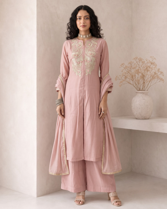 A woman models a dusty pink Indian ethnic suit consisting of a long kurta with gold embroidery, matching wide-leg trousers, and a dupatta, set against a minimalist beige wall with a shelf and dried flowers.