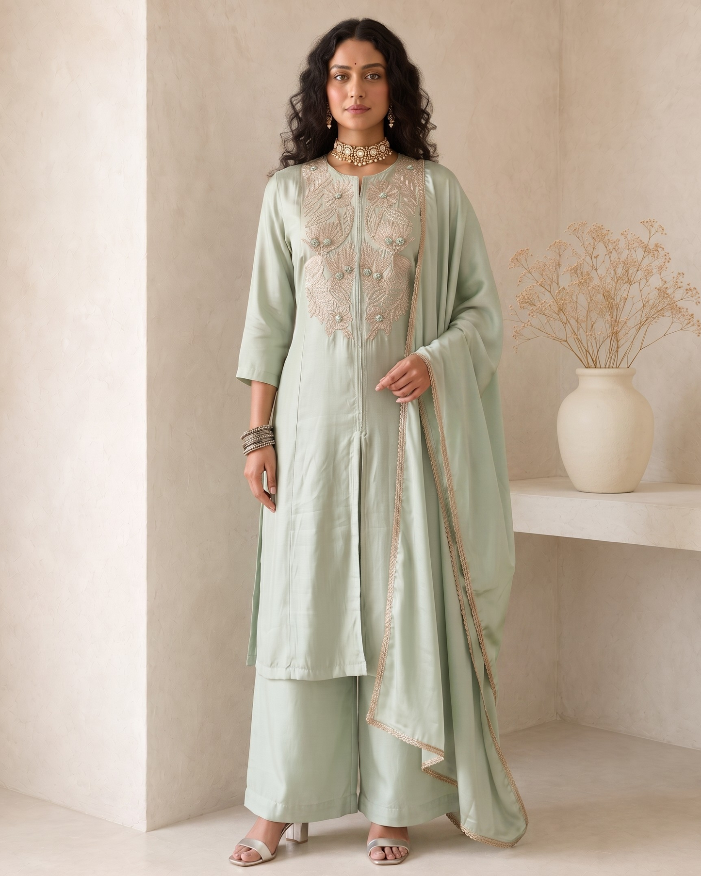 A woman models a sage green traditional Indian outfit with beige embroidery, matching wide-leg trousers, and a sheer dupatta draped over her arm, set against a warm beige background with a decorative vase.